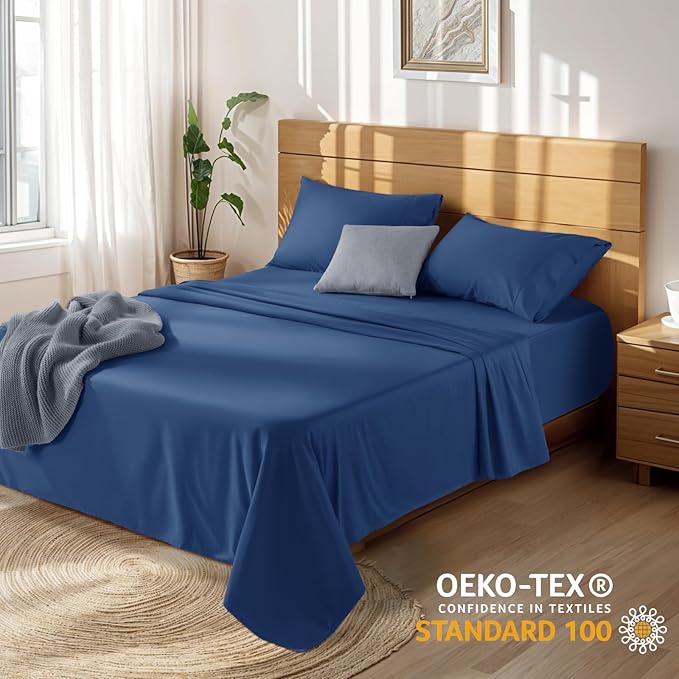 LBRO2M 100% Cotton Sheets Set Deep Pocket 19", 1000 Thread Count Full Size 4 Piece Bed Sheet Sets Soft Comfortable Bedding All Season (Full, Navy Blue)