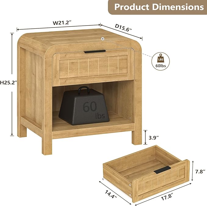 IKENO Wood Nightstand Set of 2 with Storage Drawer, 21" Wide NightStand with Curved Profile Design, Bedside End Table for Bedroom, Living Room, Closet (2, Natural Oak, 1 Drawer)