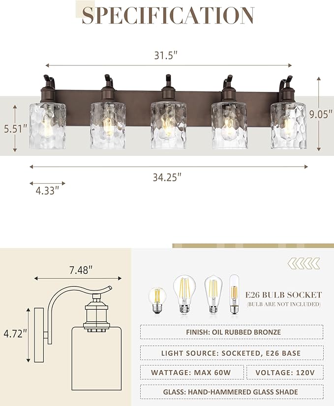 Bathroom Vanity Light Fixtures 5-Light Hammered Glass Modern Wall Mounted Over Mirror Oil Rubbed Bronze - VL01ORBH-5