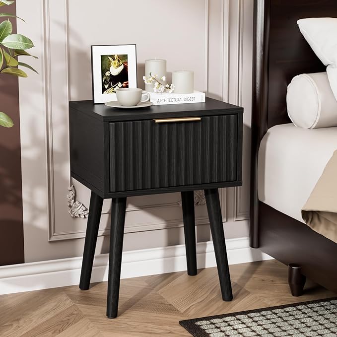 VINGLI Night Stand Set 2, Fluted Nightstands with Drawer, Mid Century Modern Nightstands Set of 2, Bedside Table, End Table, Wood Nightstand for Bedroom, Black, 15.75" W*11.81" D*21.85" H