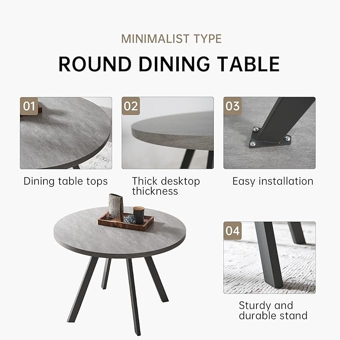 34.6'' Round Dining Table and Chairs for 2, Space Saving Modern Casual Coffee Table Set for Apartment Kitchen Dining Room (Grey Table+2 White Chairs)