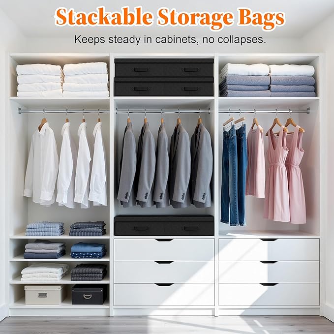 Under Bed Storage Containers with Lids - 3 Pack, Foldable and Stackable Clothes Storage Bags with Clear Window, 3-Sided Handles and Label Slot for Clothing, Blankets, Pillows (Black)