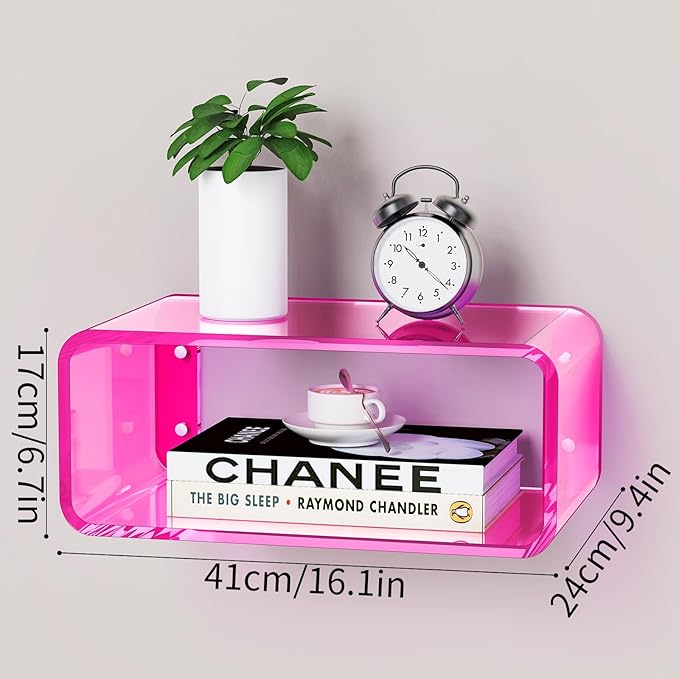 Acrylic Floating Nightstand, Bedside Table, Nightstand Shelf Wall Mounted Bedside Shelf (Pink, Small)