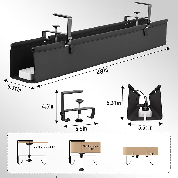 Desk Cable Management Tray, Fabric Cable Organizer, No Drill Large Clamp/Screw Mount Wire Organizer-Support Up to 30lbs, Standing Desk Cable Management for Office Home (Black,48 Inch)