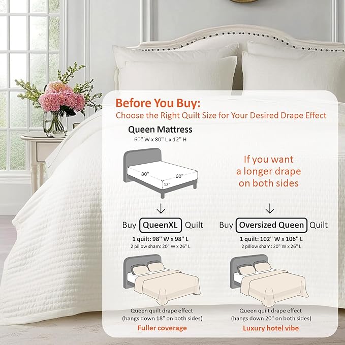 KASENTEX Queen XL Quilt Set 98"x98" – Soft Washed 3-Layer Lightweight Bedspread, Minimalist Nordic Design, All-Season Spring & Summer Quilt Set (1 Quilt + 2 Pillow Shams),Cream White