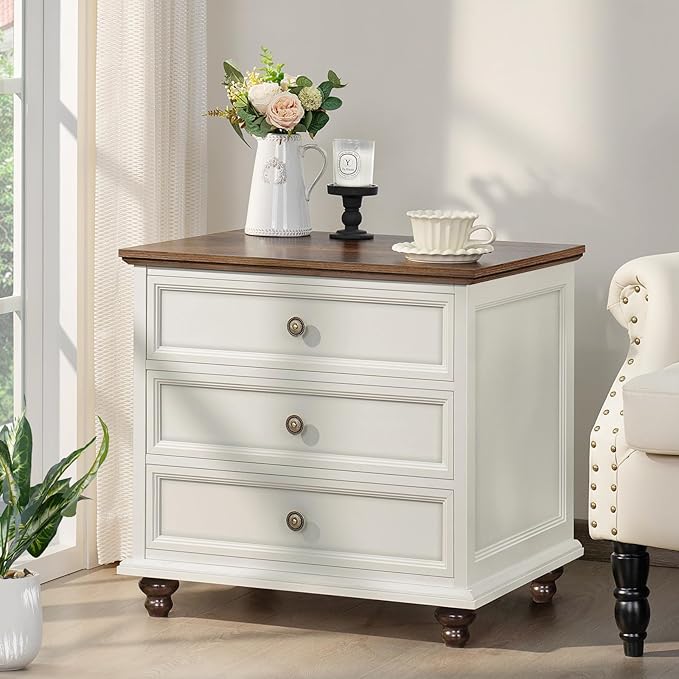 24" Wide Farmhouse Night Stand Set of 2,Large End Table with 3 Drawers & Metal Handle,White Wood Dresser for Bedroom, Bed Side Table Chest of Drawers Cabinet, Nightstand for Living Room,Closet