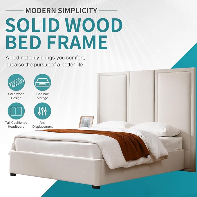 YUHUASHI Queen Size Bed Frame with 64-inch High Headboard, Simple and Airy Linen Upholstered Platform Bed with Storage Drawers, Wood Slat, No Noise (Beige, Queen(Hydraulic Lift))