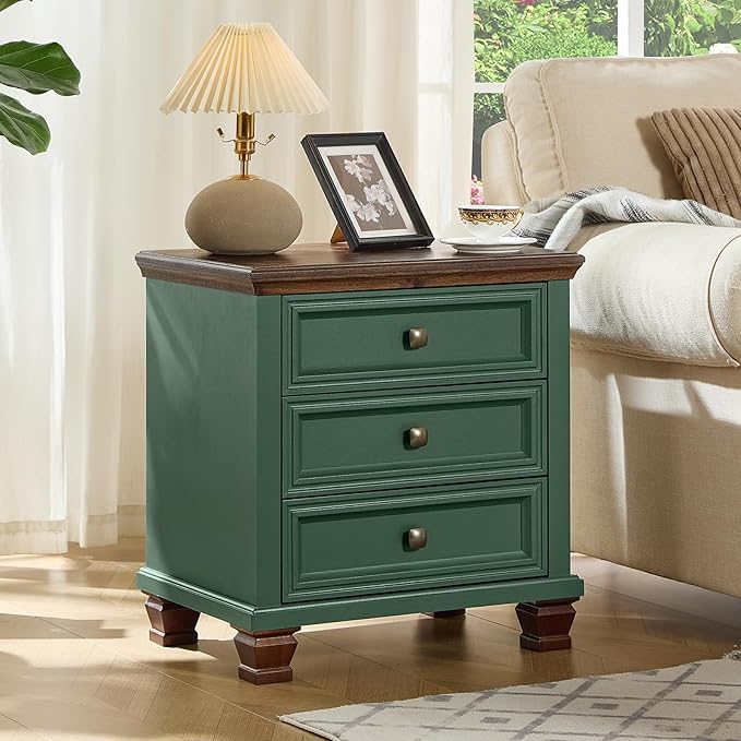 Farmhouse Nightstand Set of 2, Rustic Accent End Table with 3 Drawers & 4 Square Solid Wood Legs, Vintage Bed Side Table with Storage, Small Dresser for Bedroom, Living Room, Green