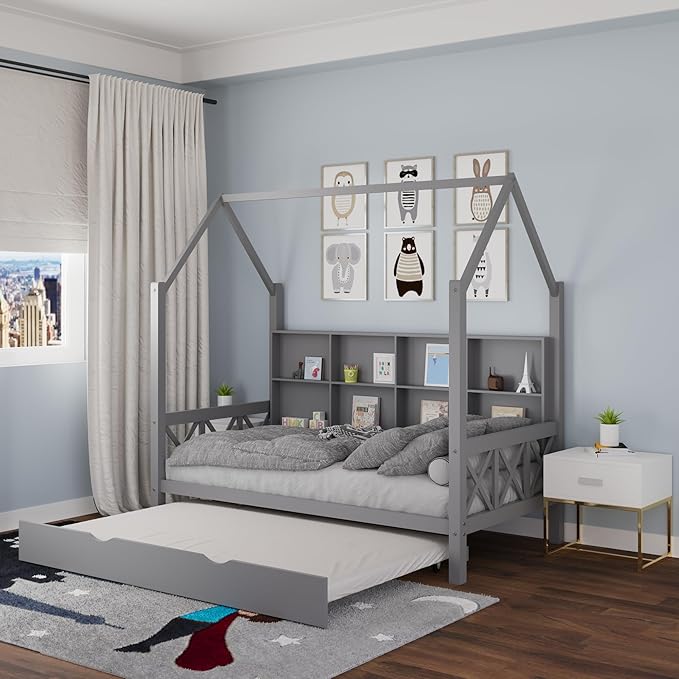 Twin House Bed with Trundle Bed and Roof for Kids, Wooden Twin Size Bed Frame with Storage Shelves Guardrails Wood Slats, Headboard for Boys Girls, No Box Spring Required, Gray