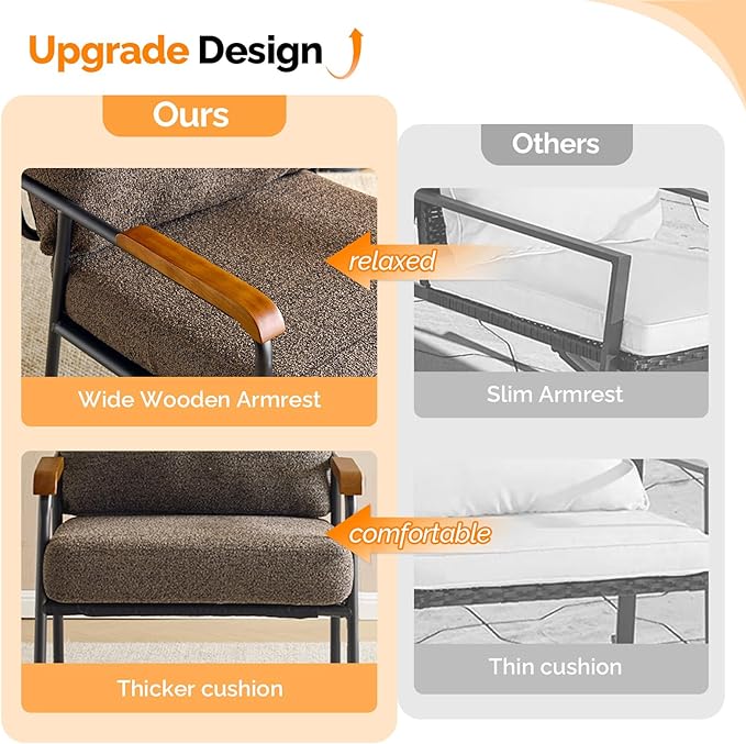 VINGLI Mid-Century Modern Accent Armchiar for Small Space, Small Comfy Upholstered Leisure Reading Chair with Wood Armrest for Bedroom, Living Room, Waiting Room, Linen Expresso