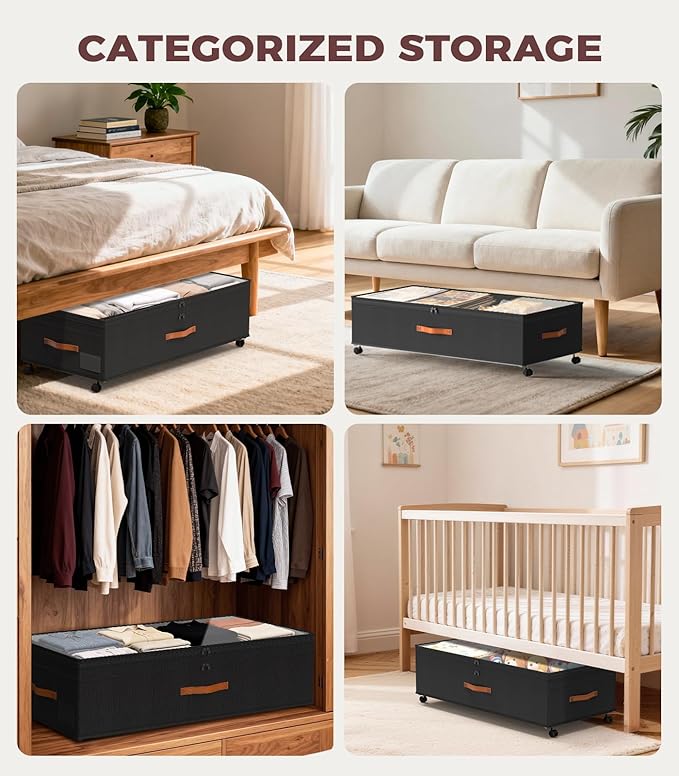 Under Bed Storage, 35.5 inches Under Bed Storage with Wheels, Large Capacity UnderBed Containers with Clear Lids, 2Pcs Rolling Under the Bed Storage for Clothes, Shoes, Blankets (Deep Black)