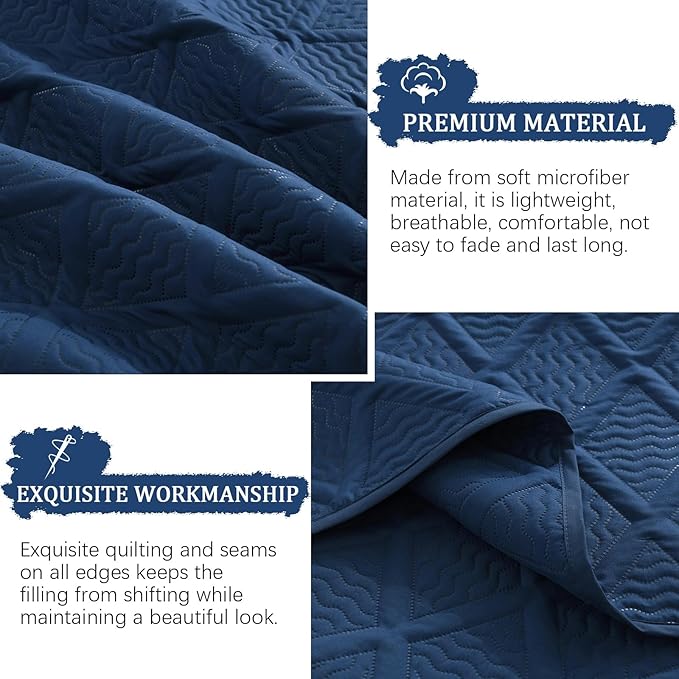Yiran Quilt Queen Size Bedding Set Navy Blue Bedspreads Embossed Diamond Pattern 3 Piece Soft Microfiber Coverlet for All Season with 2 Pillow Shams (96x90 Inch)