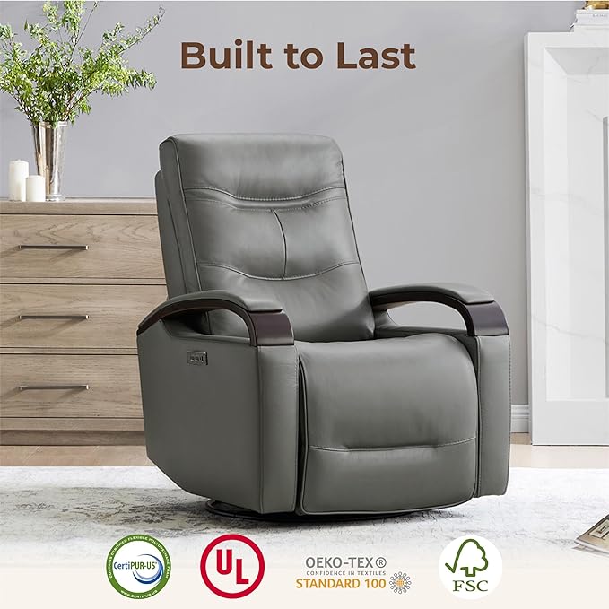 CHITA Genuine Leather Power Swivel Glider Rocker Recliner, FSC Certified Mid Century Modern Recliner Chair for Adults, Adjustable Power Headrest, for Nursery and Living Room, Haze