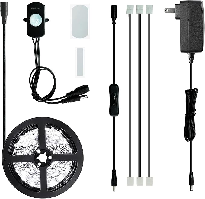 Sensky 19.7ft/6m Motion Activated LED Strip Light Kit with FCC Listed Adapter for Gun Safe, Under Cabinet, Under Bed, Pantry, Kitchen, Stairway, Closet Lighting (White 6000-6500K)