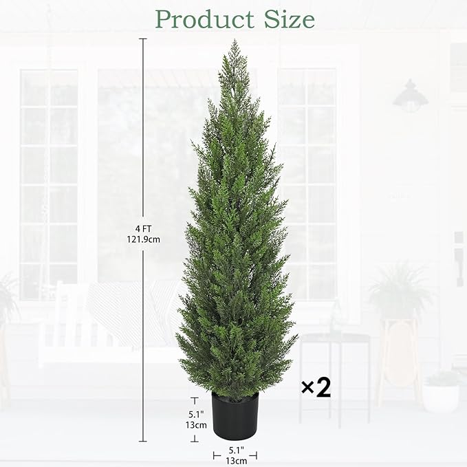 Briful 4ft Cedar Topiary Trees Artificial Outdoor Set of 2, Realistic Faux Cedar Pines with Pots, UV Resistant Christmas Greenery for Holiday Decor, Indoor Farmhouse Entryway Patio Door Plants