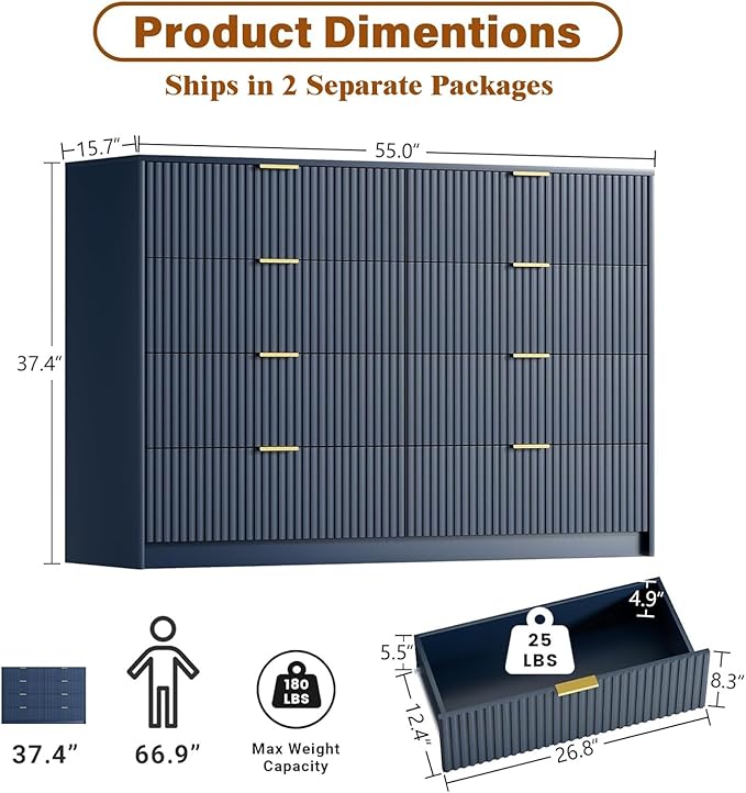 Navy Blue Dresser for Bedroom, Modern Dresser with 8 Drawers and Smooth Slides, Wide Chest of Drawers with Golden Handles for Bedroom, Closet, 15.7" D x 55" W x 37.4" H