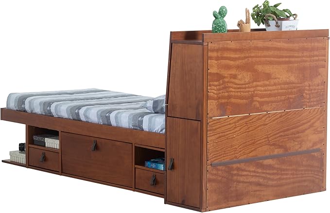 memomad Bali Set: Storage Platform Bed with Drawers + Bookcase Headboard (Twin Size, Caramel Brown Wood)