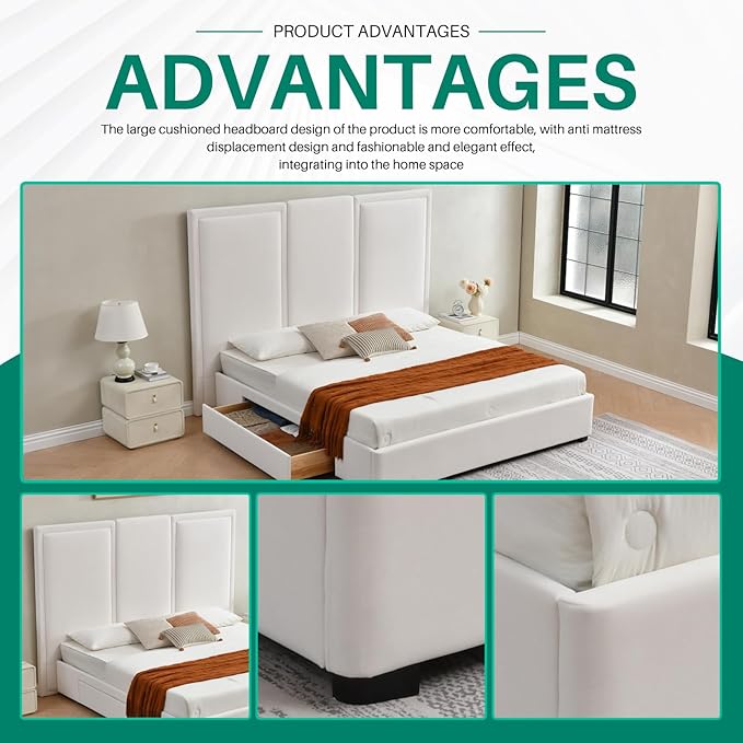 YUHUASHI King Size Bed Frame with 64-inch High Headboard, Simple and Airy Linen Upholstered Platform Bed with Storage Drawers, Wood Slat, No Noise (White, King (U.S. Standard))