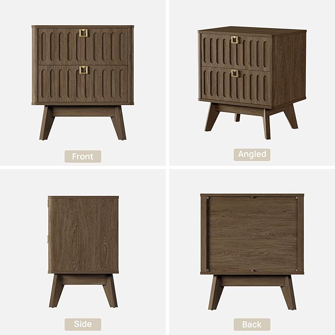 SICOTAS Nightstand Set of 2, Modern Bedside Tables with 2 Drawers, Stable Bedroom Nightstands with Textured Drawer Front and Gold Hardware for Bedroom, Apartment