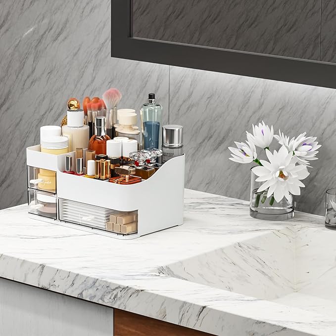 SuoXing White Make up Organizers for Vanity,Large Plastic Bathroom Counter Organizer With Drawers,Skincare Organizers and Cosmetic Storage for Dresser Top Skin Care,Beauty Products and Brush Holder