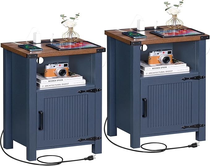 Joaxswe Night Stand Set of 2, 18 Inch Farmhouse Nightstand with with Charging Station and USB Port, Rustic Couch End Table with Magnetic Door, Wood Bed Side Tables for Bedroom, Home, Navy Blue