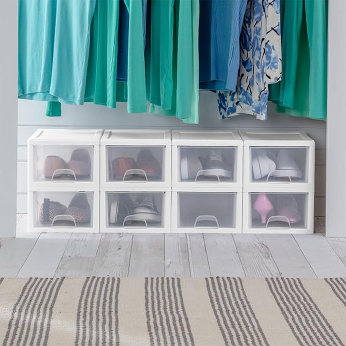 Sterilite 18-Pack 6 Quart Stacking Drawer, Clear Storage Closet Organizer, White Frame - Stackable Modular Plastic Drawers for Clothes, Accessories, Craft Supplies, Shoes or Linens