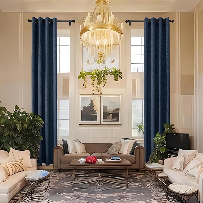 Extra Long Linen Curtains 120 inch Length 2 Panels Thick Faux Linen Blended Window Drapes Burlap Textured Curtains with Grommet for Living Room Farmhouse 10ft (52x120 Navy) Natural
