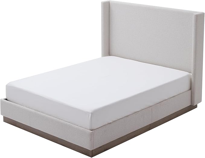 Queen Size Upholstered Bed Frame, 53" Tall Headboard Hosford Wingback Bed Frames, Wood Base Floor Platform Beds, No Box Spring Needed No Noise, Rusticity Minimalist, Cream White Boucle