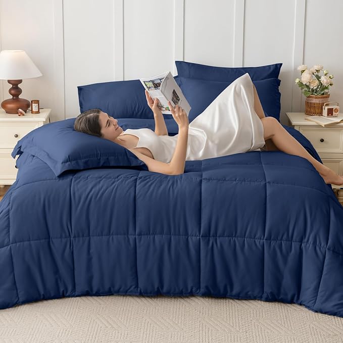 JOLLYVOGUE California King Comforter Set, Ultra-Soft Bed in a Bag Cal King Size 7 Pieces, Oeko-TEX Certified Bedding Set with Down Alternative Comforter, Sheets, Pillowcases & Shams, Navy