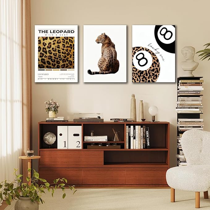 Trendy Leopard Framed Set of 3 Canvas Poster Prints,Picture Modern Artwork Wall Art for Home Décor,Perfect for Adds Wilderness & Elegance to Living Room,Bedroom or Any Interior Space,24Lx16W
