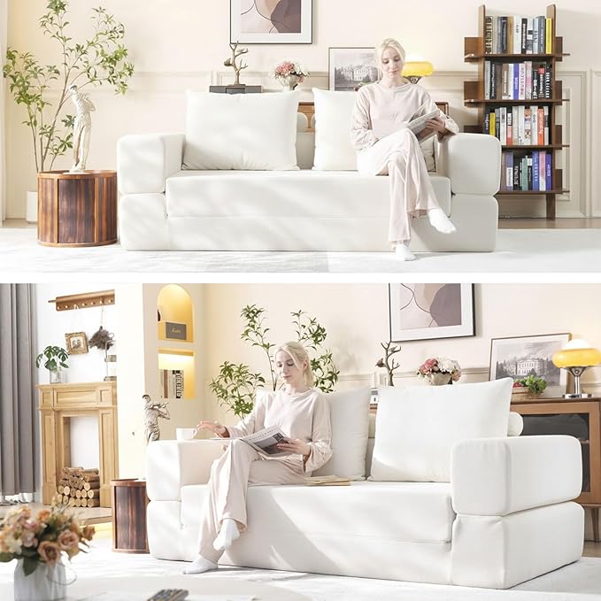 79'' Convertible Sleeper Sofa Bed, 3-in-1 Foldable Floor Couch with Corduroy Upholstery, No Assembly Loveseat, Light Brown Lounge Mattress for Living Room, Studio, Guest Room (White)
