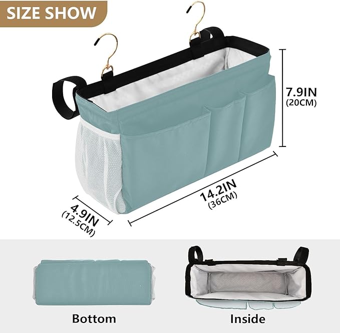 KOPIRIT Teal Bedside Caddy Storage Bag Bedside Organizer for Bunk Bed Headboards College Bedside Shelf Hanging Organizer 6 Pockets with Hooks for Glasses Book Tablet Holder
