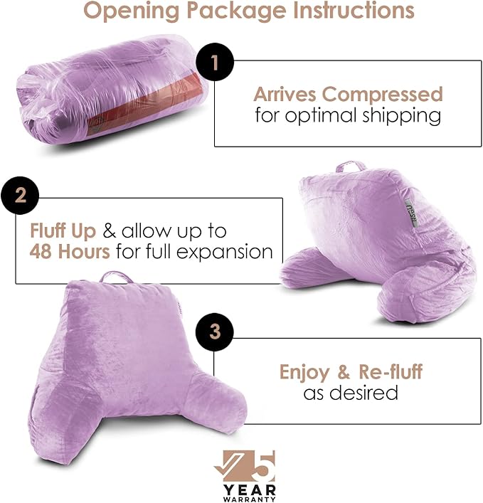 Nestl Reading Pillow with Shredded Memory Foam, Designed for Sitting Up in Bed and Couch, Back and Arms Adjustable Support for Adult & Teens Backrest Pillows for Reading, with Washable Cover Lavender