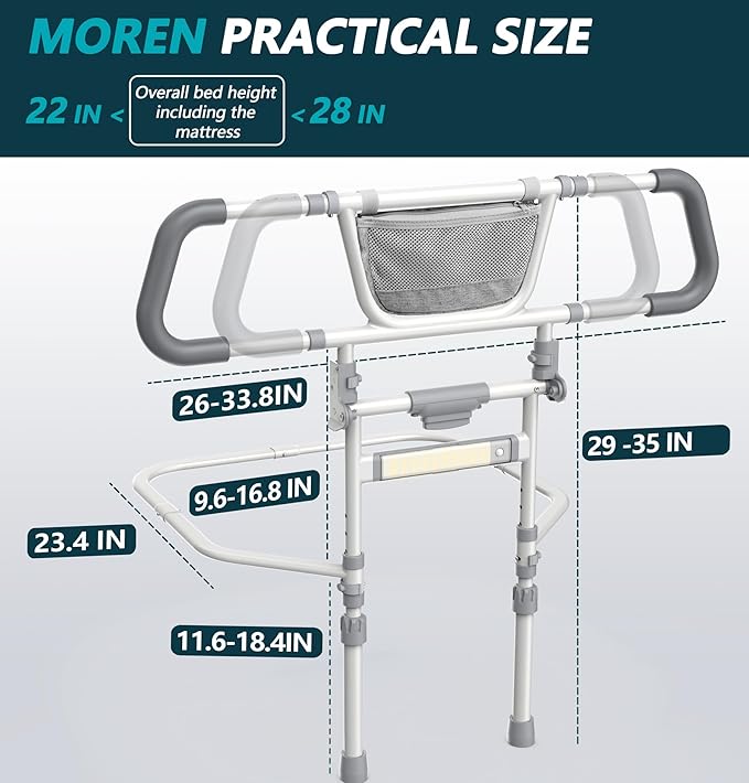 Packve Foldable Bed Rails for Elderly Adults Safety - Bed Side Assist Rail for Seniors with Extendable Guard Rails & Storage Bag, Adjustable Height Bedrails for Queen King Full Size Bed