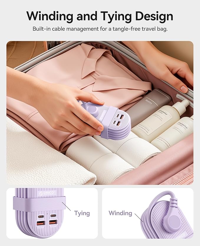 ORICO 65W USB Travel Power Strip, 7 in 1 Charging Station with 3AC, 2 USB-A, 2 USB-C, Flat Plug and 4ft Thin Extension Cord, Fast Charger for MacBook, iPad, iPhone 17/16/15 - TK65