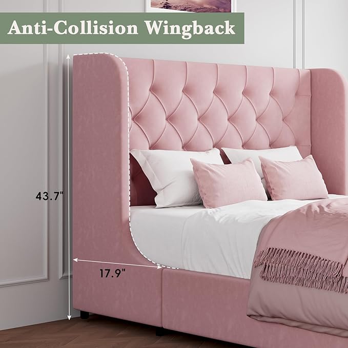 HOMBCK Pink Queen Bed Frame, Upholstered Platform Bed Frame with Velvet Tufted Headboard, Curved Wingback Design, Wooden Slats, No Box Spring, Noise Free, Easy Assembly