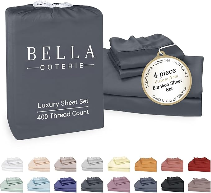 Bella Coterie Luxury Bamboo Viscose 34” Split Top King Size Sheet Set | 1 Fitted Sheet for Sleep Number & Adjustable Beds | 100% Organically Grown | Cooling & Soft | 18” Deep Pocket [Charcoal Grey]