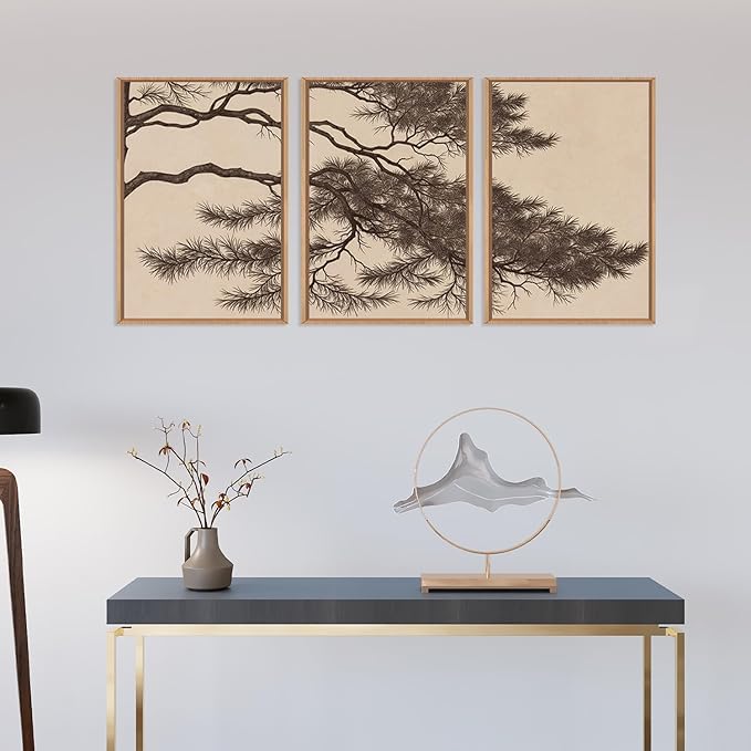 LHIUEM Large Vintage Pine Tree Branch Framed Canvas Wall Art,Sketch Botanical Wall Decor,Nature Plant Artwork,Brown Antique Etching Art Prints for Living Room,Bedroom,Office- 24"x36"x3