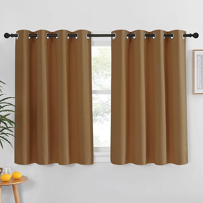 NICETOWN Kitchen Short Blackout Curtain and Drape - Thermal Insulated Solid Grommet Blackout Panel for Patio Bedroom Living Room (Single Panel, 52 inches by 45 inches, Gold Brown)