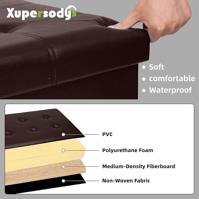 xupersodys 30 Inches Folding Storage Ottoman Bench, Faux Leather Footstool Ottoman, Storage Trunk Footrest for Bedroom, Living Room and Hallway, Support 350lbs, Brown(Brown line)