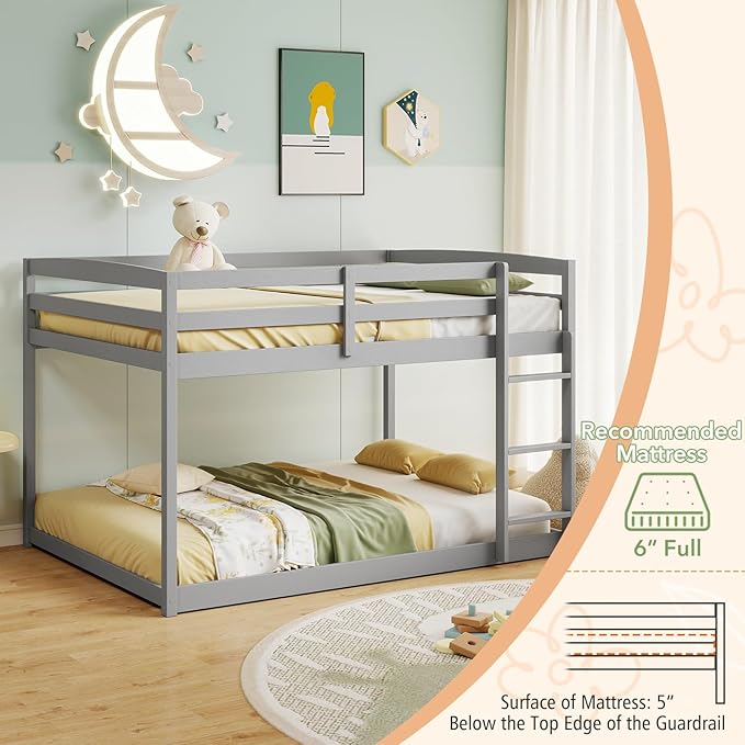 KOMFOTT Low Bunk Bed Full Over Full, Solid Wood Full Bed Frame with Built-in Ladder & Safety Guardrails, No Box Spring Needed, Space-Saving Low Bunk Bed for Kids & Teens