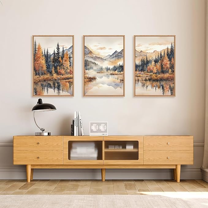 LHIUEM Large Neutral Mountain Framed Canvas Wall Art, Nature Foggy Forest Wall Decor, Watercolor Autumn Landscape, Woodland Artwork for Living Room, Bedroom, Office - 24"x36"x3