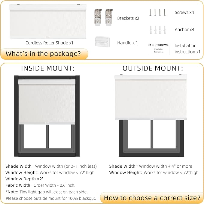 ChrisDowa Cordless Blackout Roller Shades for Windows, Striped Free-Stop Window Blinds with Privacy, Thermal Insulated Window Shades for Home, Office and Door. White, 26" W x 72" H