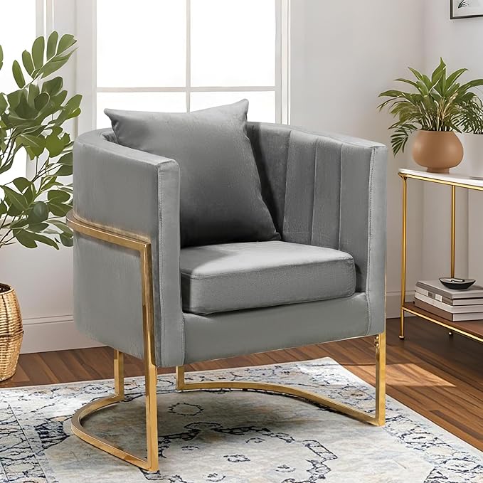 Velvet Modern Accent Chairs Set of 2, Upholstered Barrel Armchair Mid Century with Pillow for Living Room, Comfy Single Vanity Chair with Metal Gold Legs for Bedroom, Grey