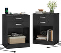ADORNEVE Night Stand Set 2,Black Nightstand with Charging Station & Drawers,Night Stands for Bedrooms Set of 2,Bedside Table with Drawers
