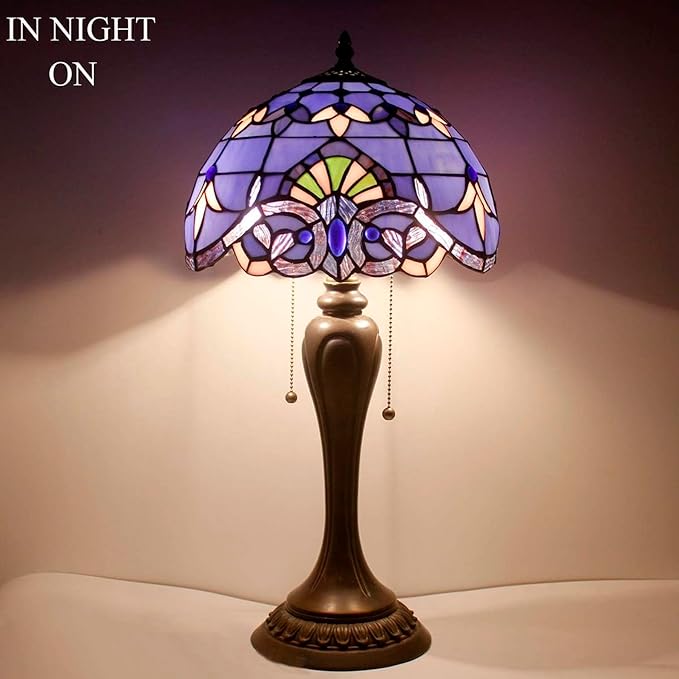 WERFACTORY Tiffany Lamp Stained Glass Table Bedside Lamp 12X12X22 Inches Blue Purple Baroque Style Lavender Reading Desk Light Decor Bedroom Living Room Home Office S003C Series