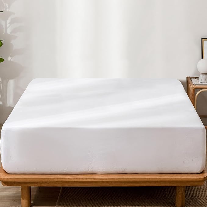MooMee Fitted Bottom Sheet Only 100% Washed Cotton Linen Like Textured Breathable Durable Soft Comfy Deep Pocket Fits Mattress up to 17" (Bright White, Twin)