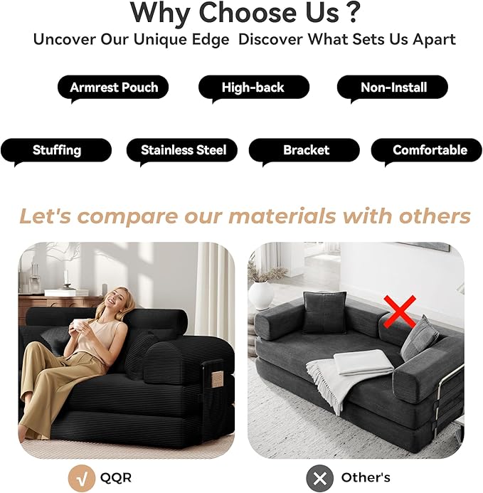 Upgrade High Backrest Design Sofa Bed with Fixed-Shape Frame & Removable Armrests and Backrest, Corduroy Fabric, Convertible Mattress Couch for Small Spaces - No Assembly Needed (High Backrest Black)