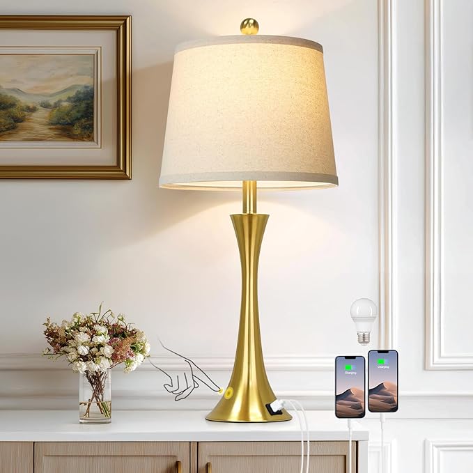 27.5" Gold Lamps for Living Room, Touch Control 3-Way Dimmable Bedside Nightstand Lamps Bedroom Lamp,Modern Gold Table Lamp with USB A+C Ports,Tall Lamps for Living Room End Table（1Pack）
