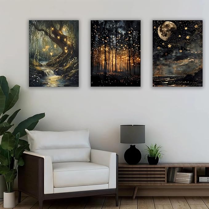 RYZopmuy Forest Wall Art Set – 3 Framed Moon & Fireflies Canvas Prints, Calming Nature-Inspired Décor for Modern Homes